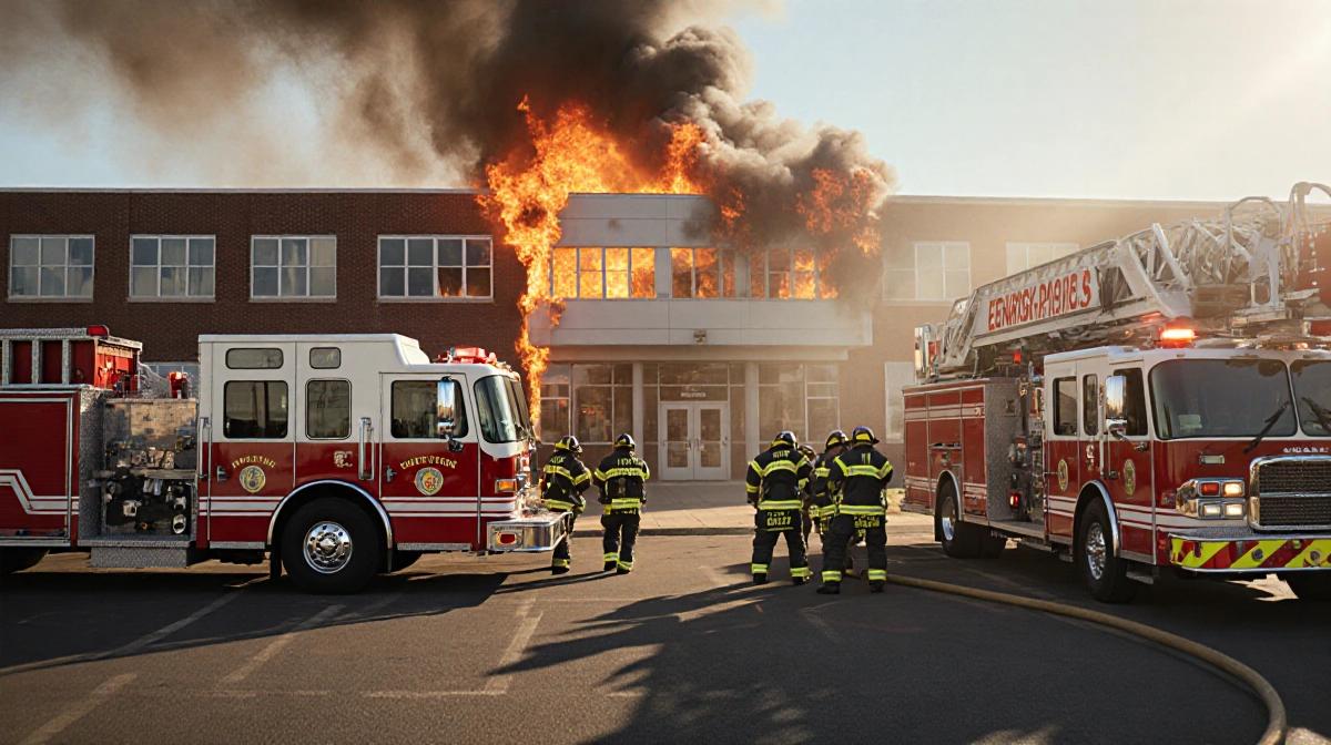 Firefighters arriving at school with trucks and smoke showing urgent emergency response