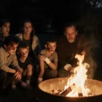 Two children peeking from behind a grown‑up with firepit light illuminating their faces on a lawn in darkness with shadows