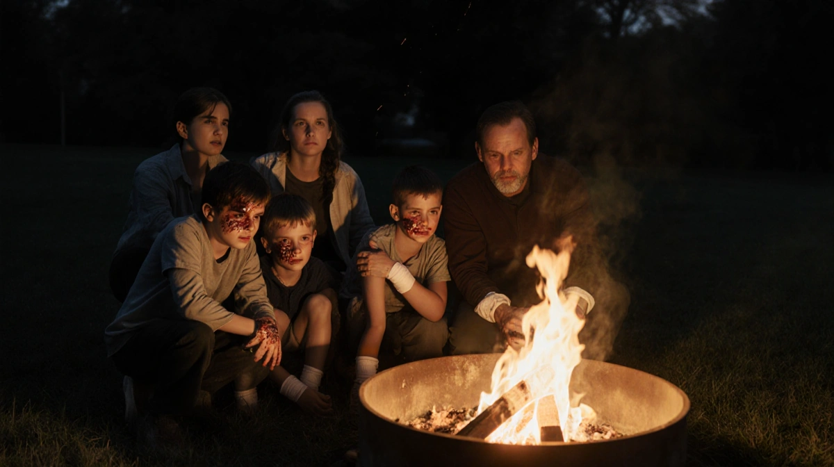 Two children peeking from behind a grown‑up with firepit light illuminating their faces on a lawn in darkness with shadows