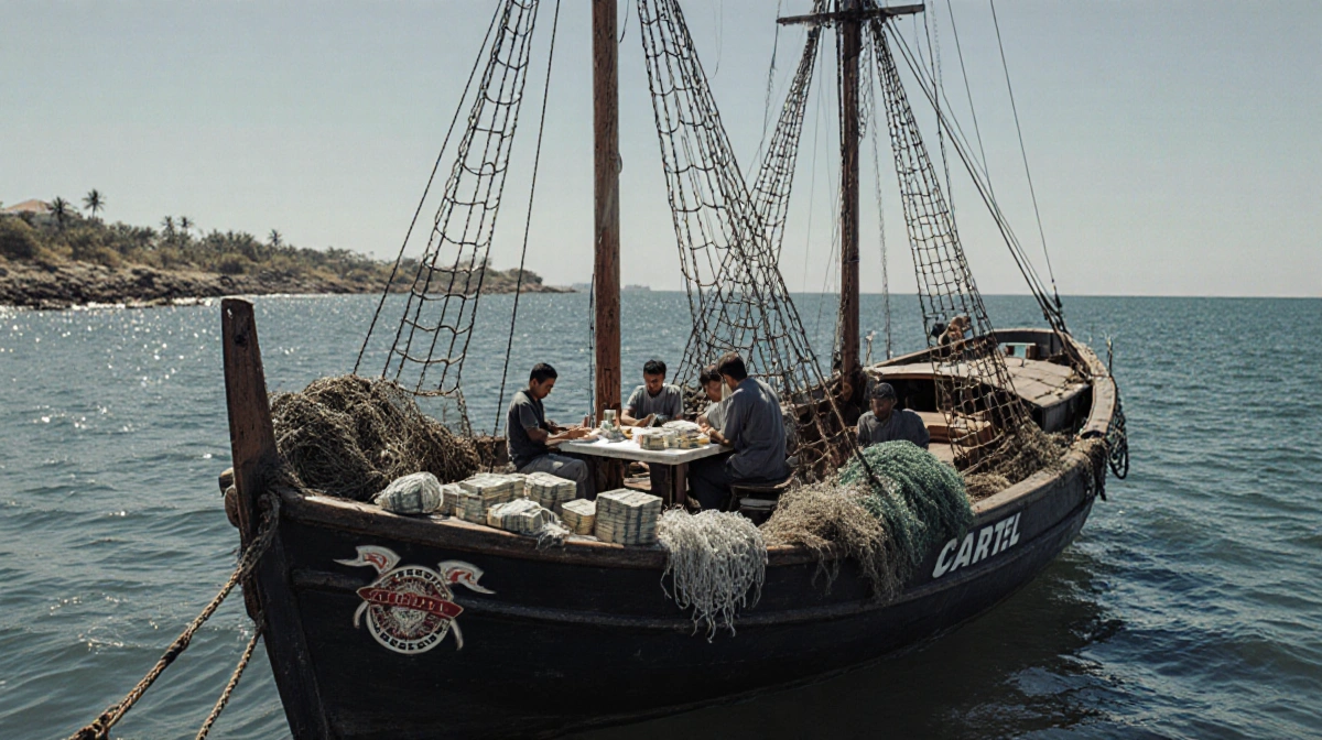 Fishermen gather around cash-strewn table with cartel logo on anchored fishing boat