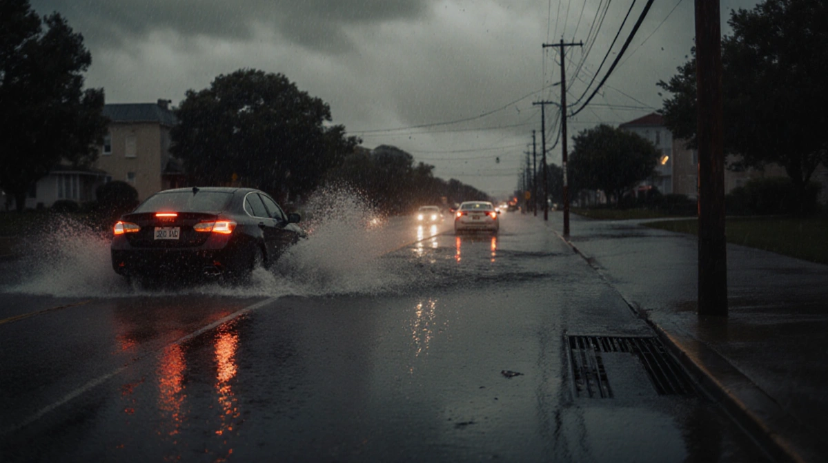 Waist-deep floodwater covers Jersey Shore street with cars driving through and storm drains overflowing under dark stormy sky