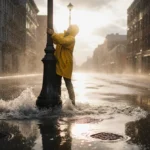 Person in yellow raincoat clings to lamppost during urban flooding with storm water reflecting buildings and sunlight