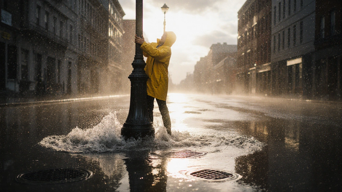 Person in yellow raincoat clings to lamppost during urban flooding with storm water reflecting buildings and sunlight