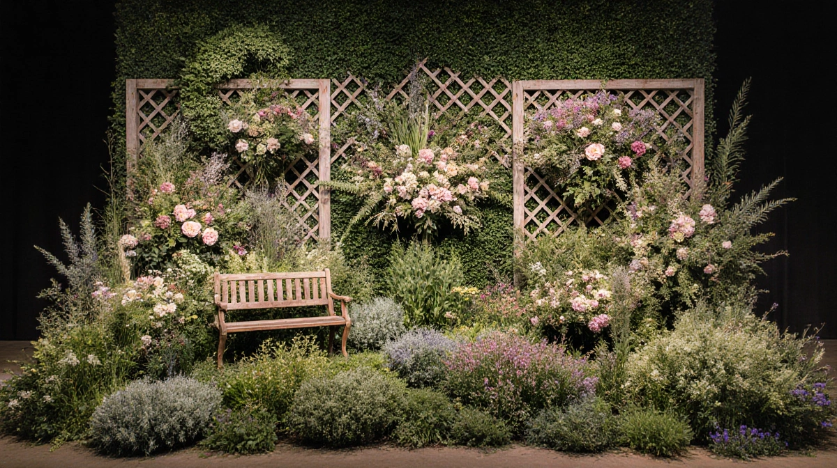 Large floral garden installation with colonial herbs and heirloom crops blooming around wooden trellises and vintage benches
