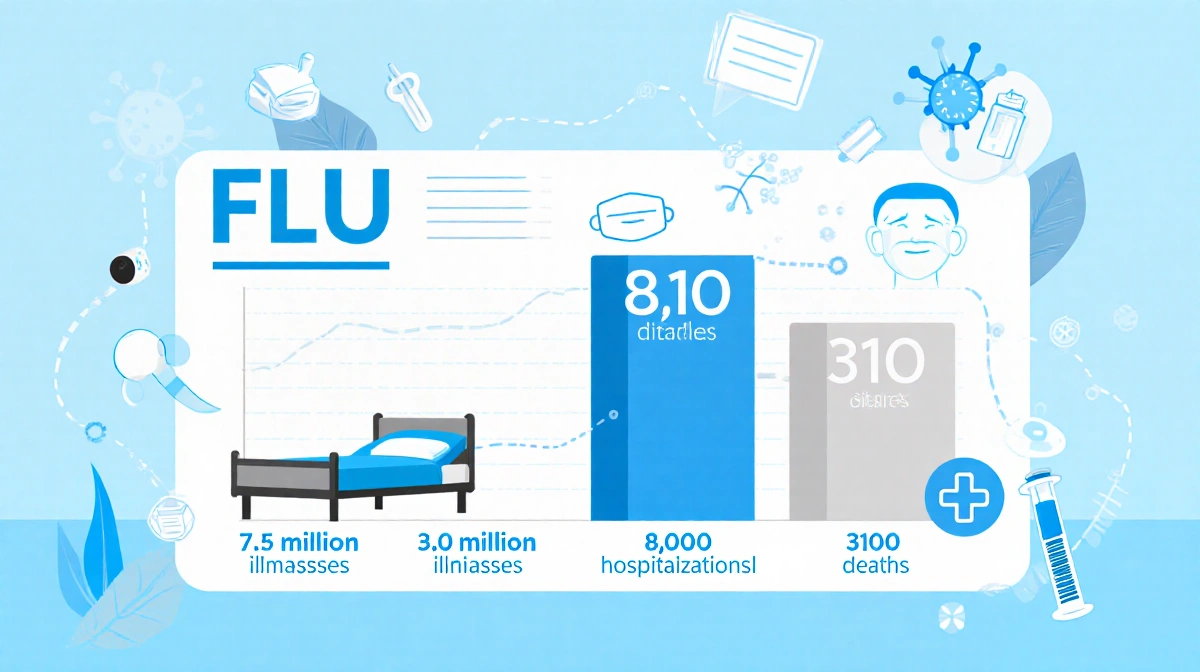 Bar graph showing flu data with 7.5 million illnesses and 81000 hospitalizations and 3100 deaths and beds on blue background
