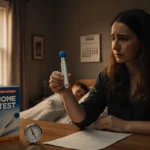 Parent holds an at‑home flu test kit with a thermometer on the kitchen table while looking concerned and child lies in bed be
