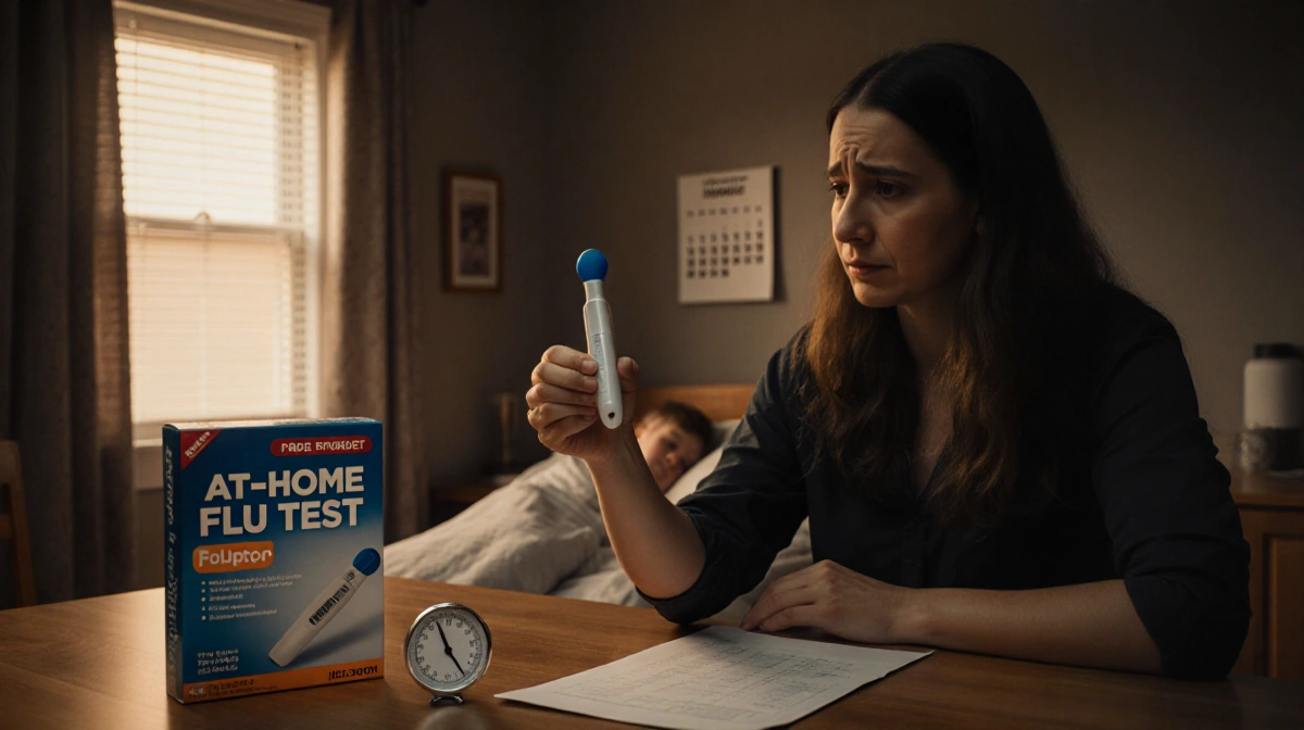 Parent holds an at‑home flu test kit with a thermometer on the kitchen table while looking concerned and child lies in bed be