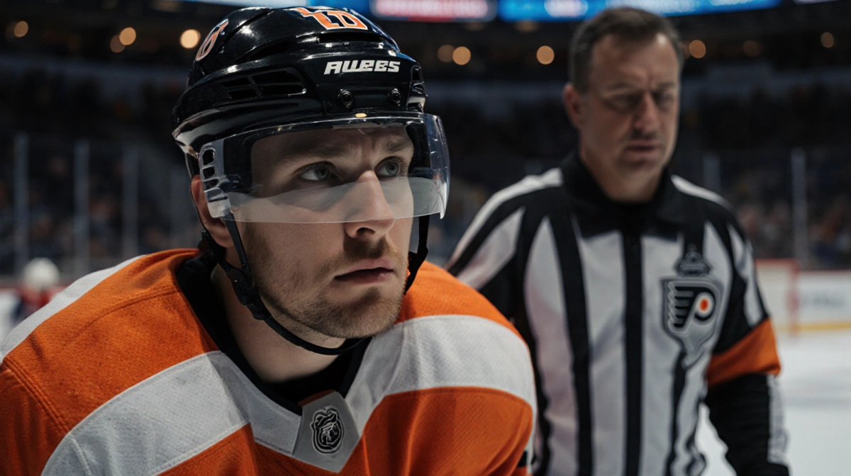 Philadelphia Flyers defenseman Abols looks up with concern while receiving assistance on the ice with arena lights glowing be