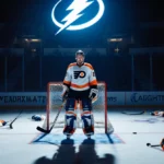 Flyers goalie stands alone in net with Lightning logo glowing behind him showing the 5-1 defeat