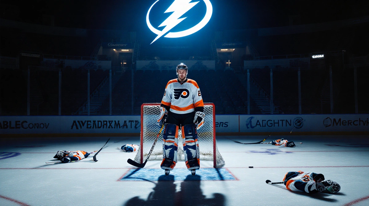 Flyers goalie stands alone in net with Lightning logo glowing behind him showing the 5-1 defeat