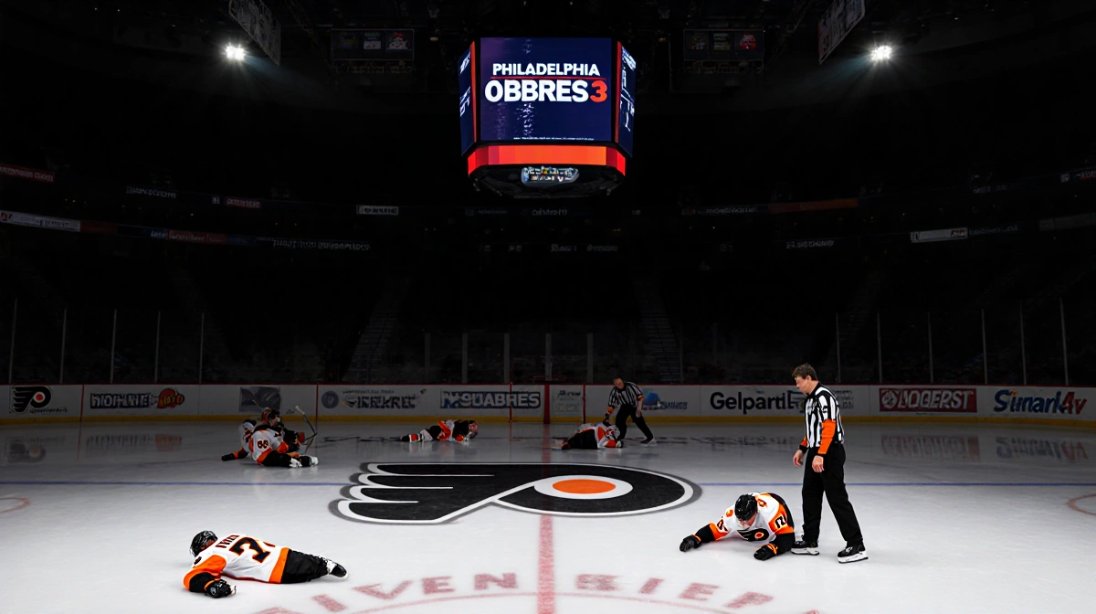 A medical trainer tends to an injured Flyers player on the ice with the Philadelphia Flyers logo visible and the scoreboard s