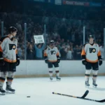 Flyers players stand dejected on ice with shattered hockey stick and fans holding Vladar signs in dark arena