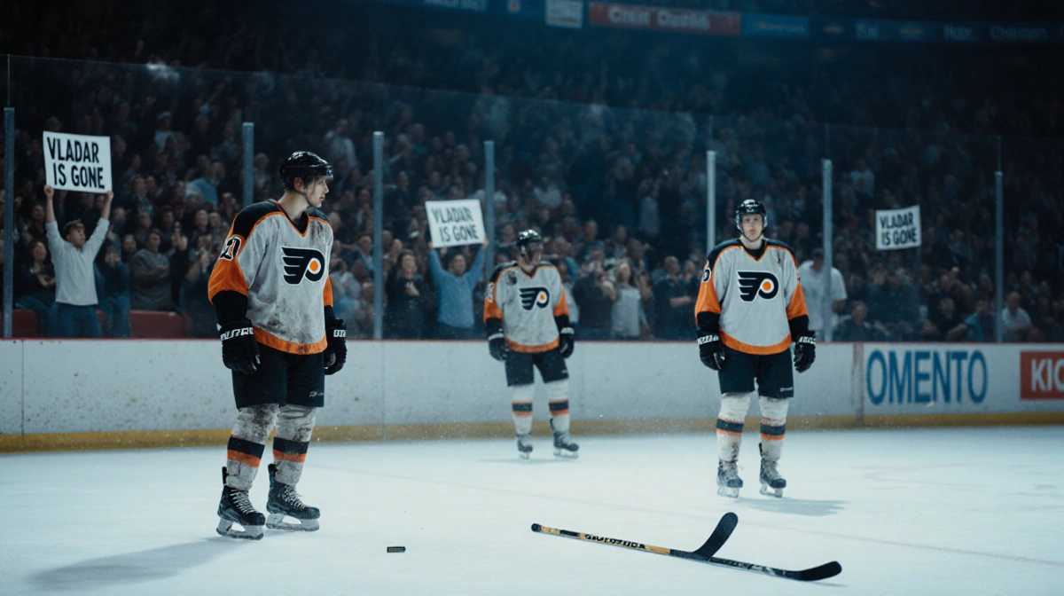 Flyers players stand dejected on ice with shattered hockey stick and fans holding Vladar signs in dark arena