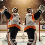 Two Philadelphia Flyers goalies celebrate back to back with raised gloves in front of the net with shattered glass on the ice