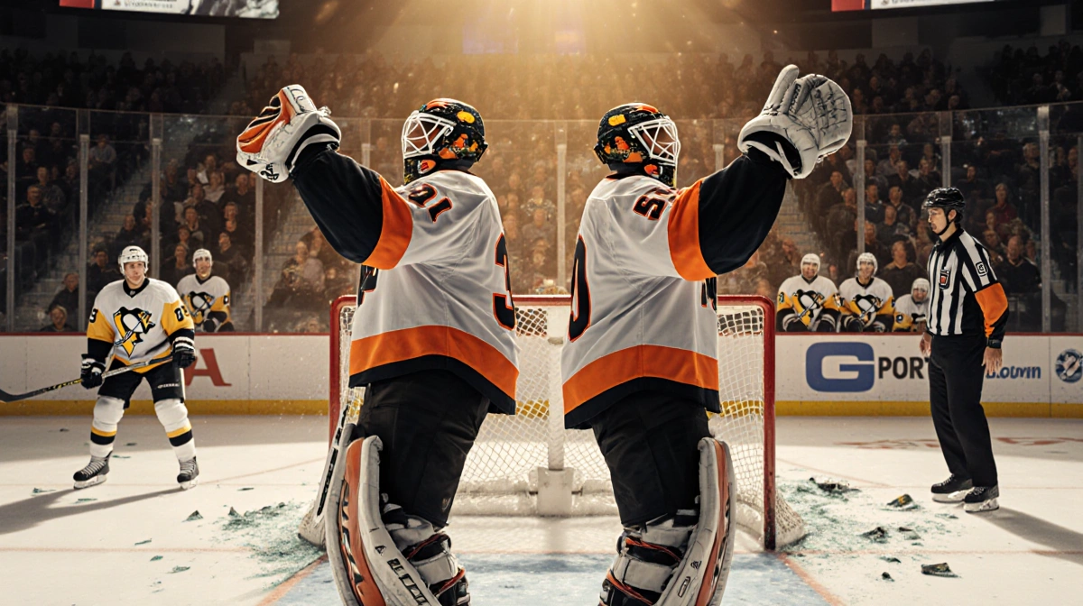Two Philadelphia Flyers goalies celebrate back to back with raised gloves in front of the net with shattered glass on the ice