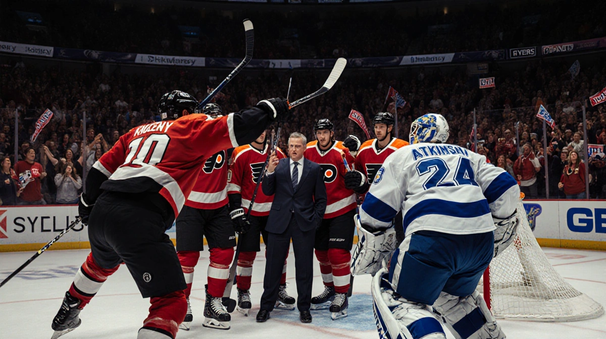 Philadelphia Flyers players huddle with coach while fans wave towels and Lightning goalie guards net with sticks raised