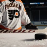 Worn Philadelphia Flyers jersey drapes over goalie stick with faded fabric and puck resting on ice nearby