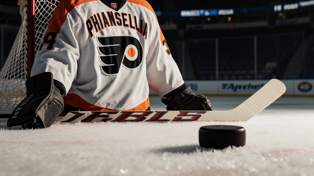 Worn Philadelphia Flyers jersey drapes over goalie stick with faded fabric and puck resting on ice nearby