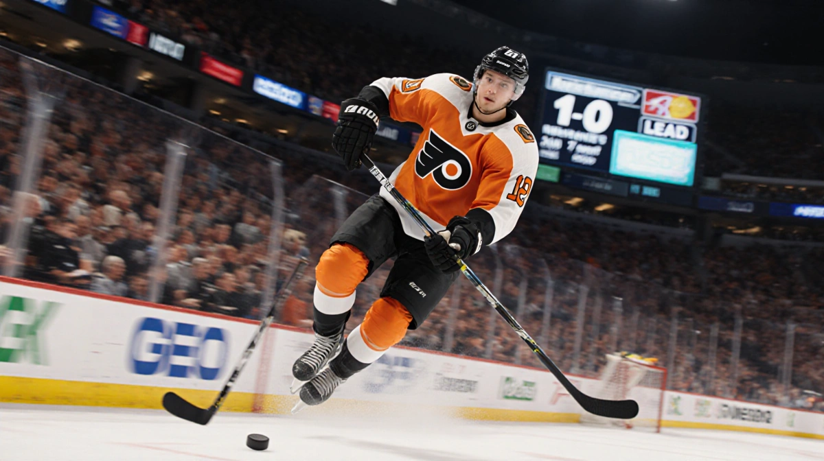 Flyers Cale Konecny scoring on breakaway with puck mid-air and scoreboard showing 1-0 lead