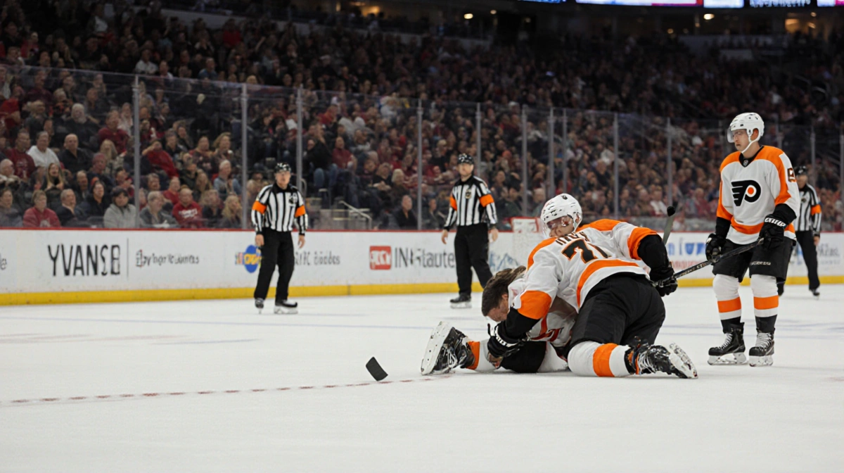 Travis Konecny lies on ice clutching his knee with teammates helping and puck resting nearby