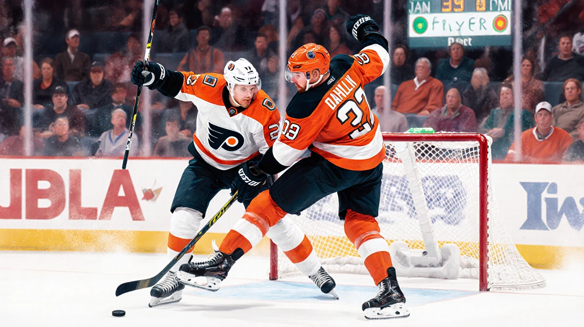 Philadelphia Flyers player taking cross-checking penalty with opponent aiming at puck and blurred arena background