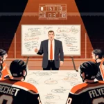 Philadelphia Flyers players huddle around whiteboard with coach John Tortorella drawing power play strategies under dim rink