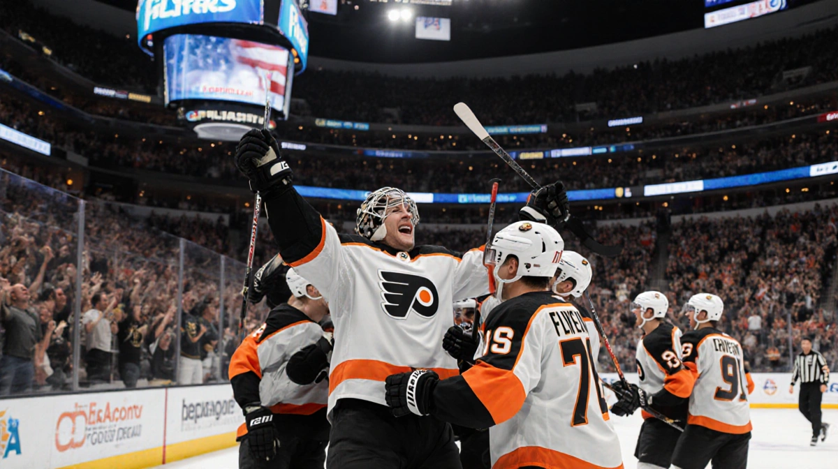 Philadelphia Flyers celebrating 2-1 victory with goalie raising arms and teammates huddled together