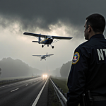 NTSB investigator scanning horizon with fog-covered highway and two planes colliding in thick mist