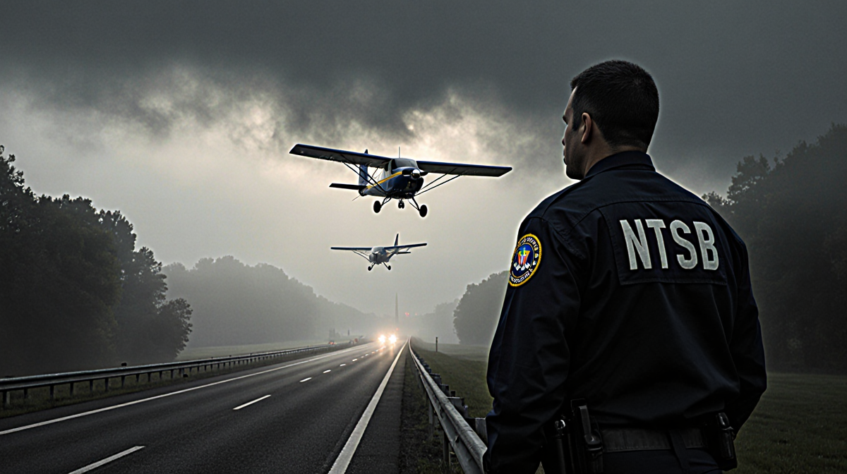 NTSB investigator scanning horizon with fog-covered highway and two planes colliding in thick mist
