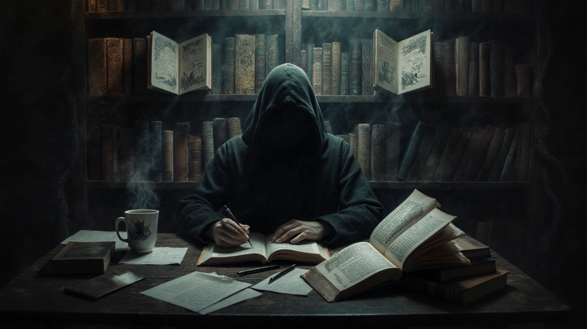 Author writing with a glowing book and steaming coffee in a misty dimly lit library