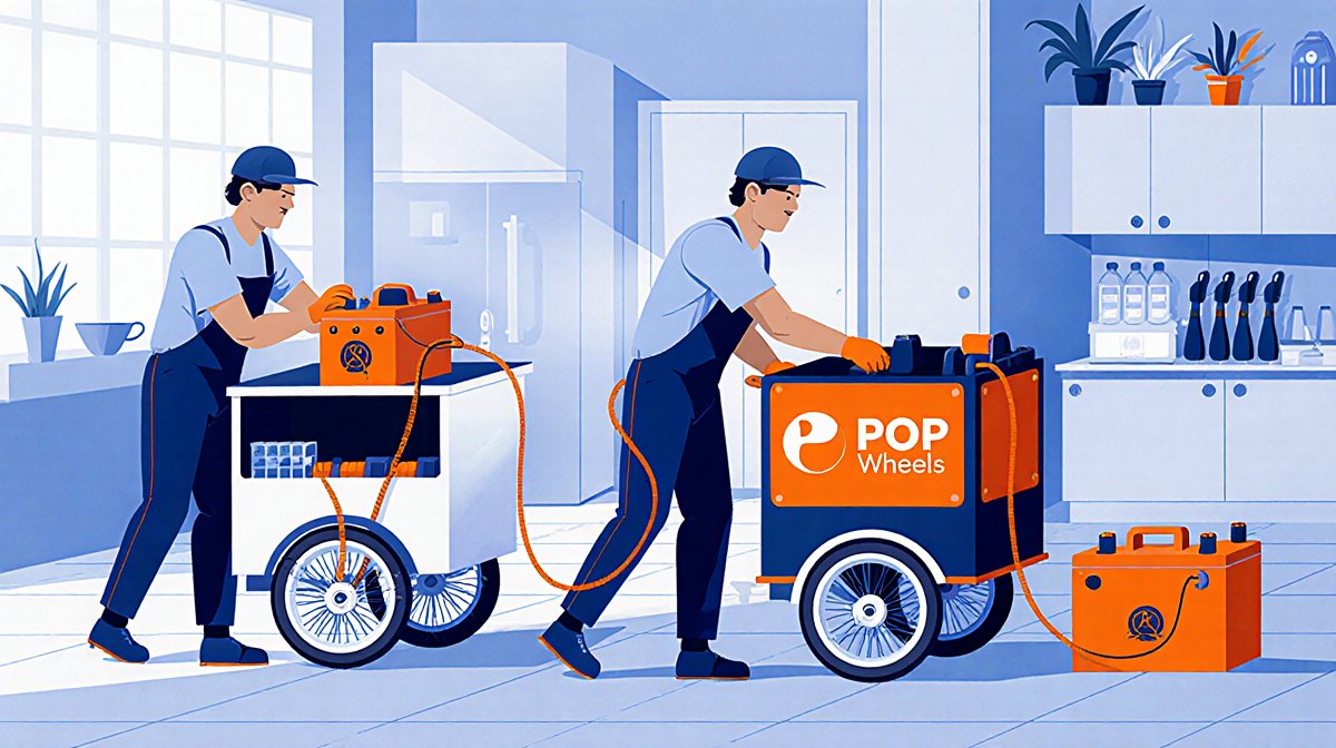 Worker swapping generator for PopWheels e-bike battery in bright kitchen with tools and charging cable, cart before and after