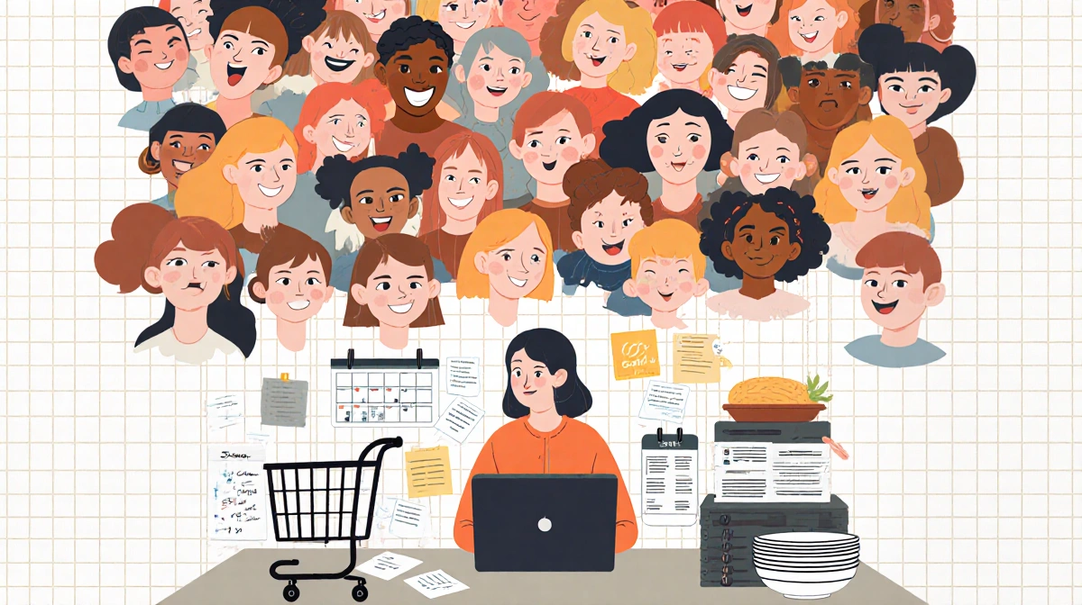 Woman plans meals at kitchen table with laptop and calendar while hundreds of women's faces show the invisible labor behind d