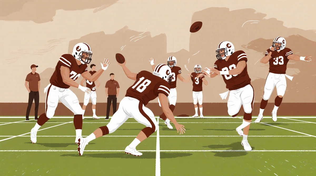 Backup football players practicing routes on field with coaches watching sidelines and blurred background