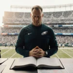 Football coach studies playbook with strategy sheets and whiteboards behind him at Eagles stadium