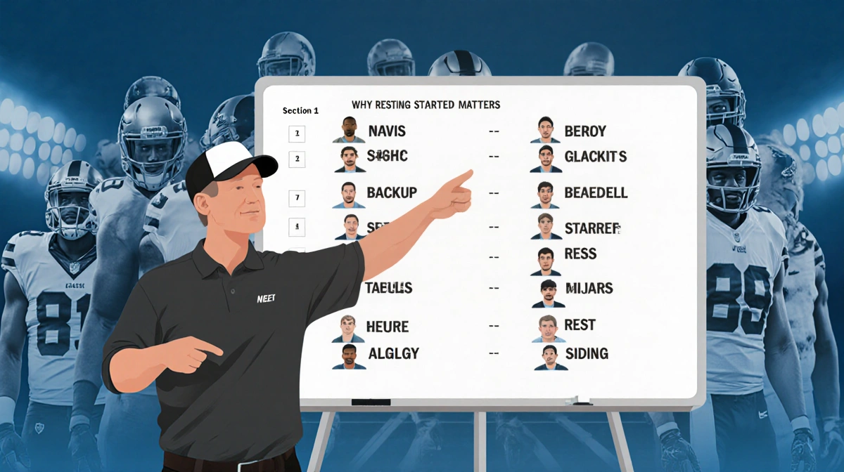 Football coach Nick Sirianni points to backup players on a whiteboard while faded injured starters loom in background showing