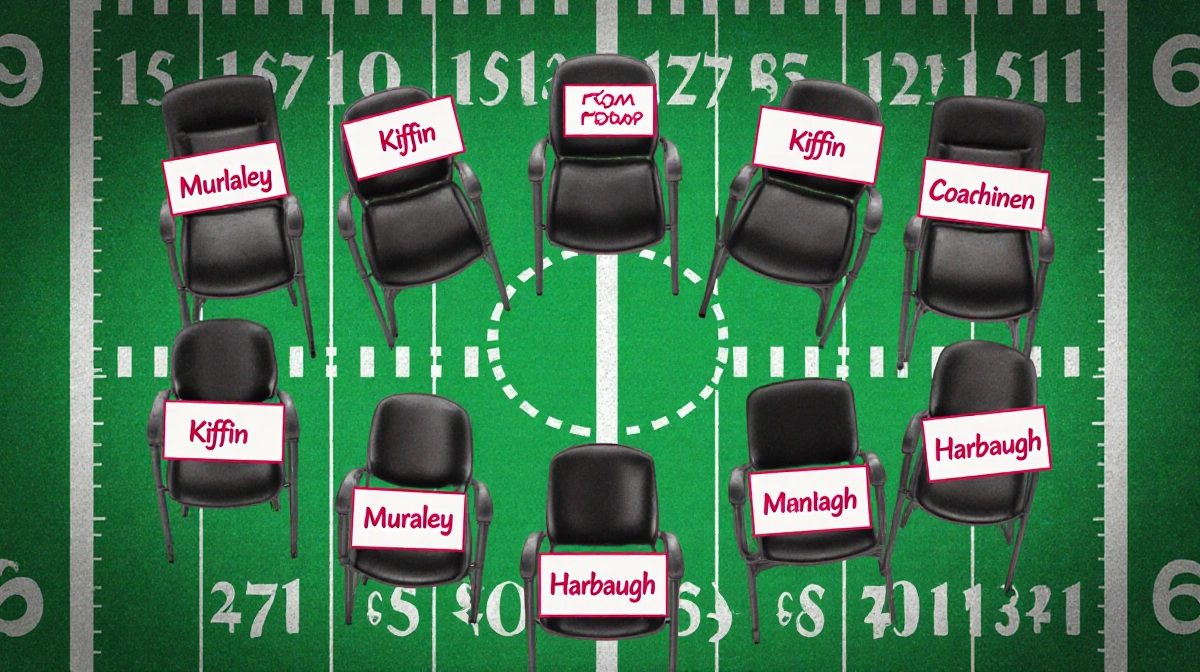 Eleven empty coach chairs form semicircle on football field with nameplates showing Kiffin Mularkey Harbaugh