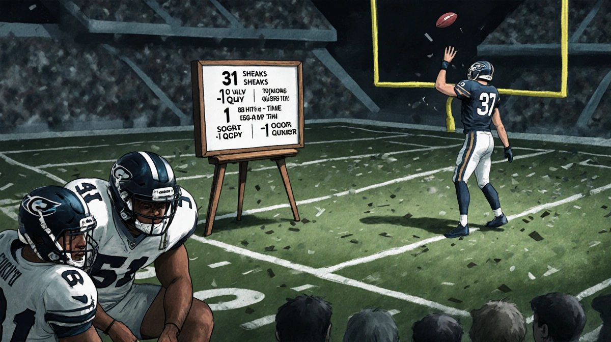 Brock Purdy throwing touchdown pass with defenders standing dejectedly on sideline showing whiteboard stats