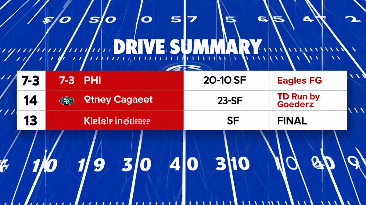 Split football scoreboard shows Eagles vs 49ers game progression with key plays and final score on field background