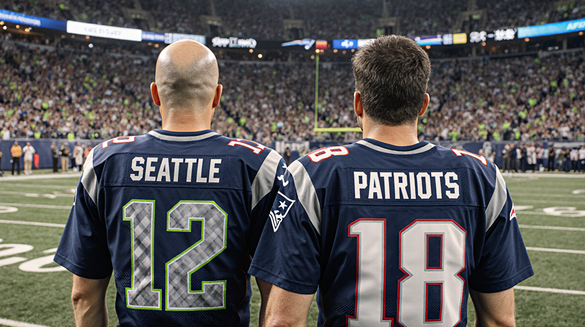 Two football coaches stand on a football field with Super Bowl LX jerseys showing their names and a stadium crowd behind.