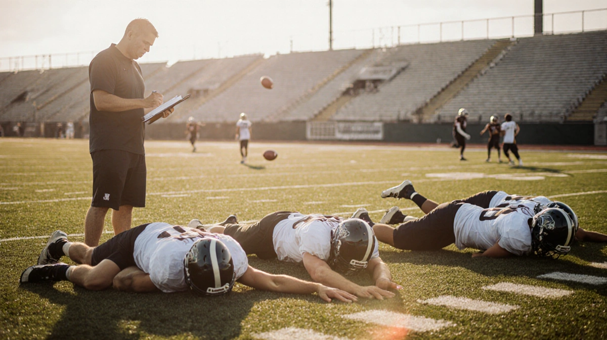 Football players stretching on turf with coach observing from side and calendar grid in background