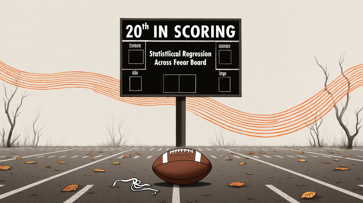 A worn football sits on a barren field with a scoreboard showing 20th in scoring and dry leaves scattered across the ground