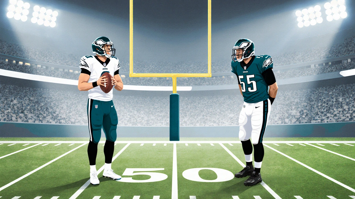 Player holding football meets resting player leaning on goalpost on 50-yard line with subtle stadium lights and grid pattern