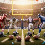 Football players standing at goalposts with championship gear scattered around them and confetti in background.