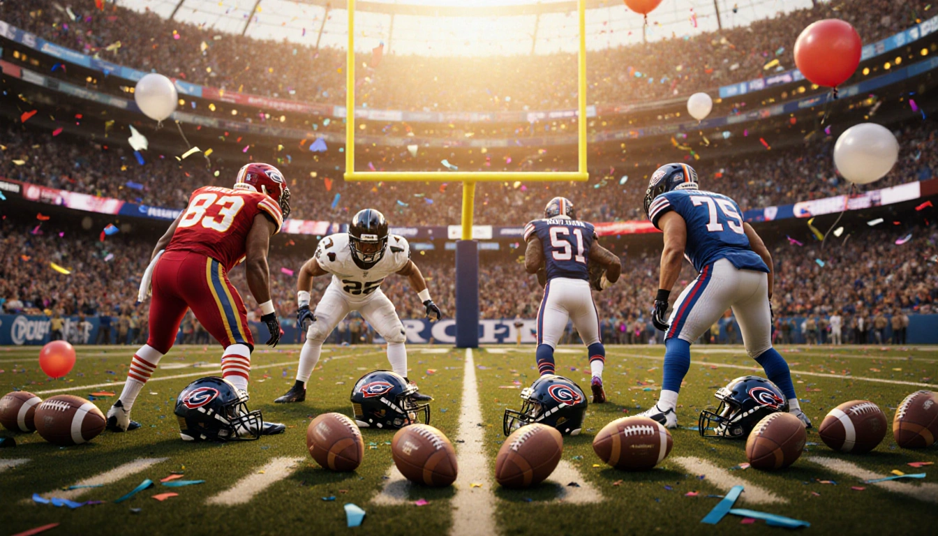 Football players standing at goalposts with championship gear scattered around them and confetti in background.
