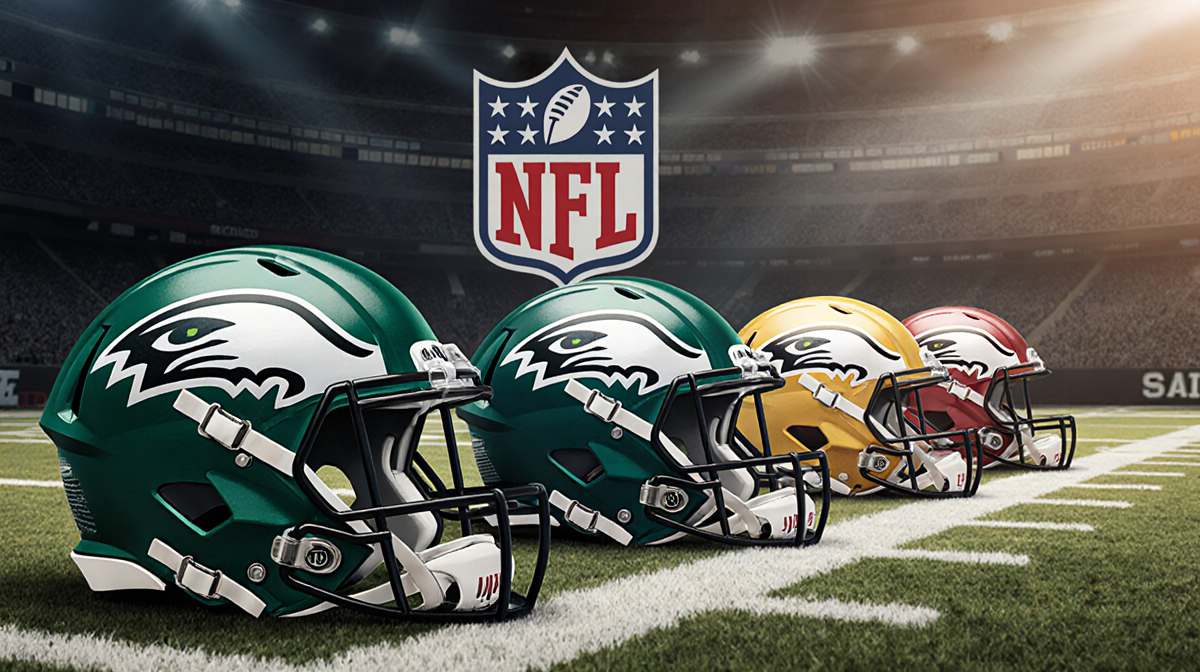 Helmets positioned along sideline of football field facing viewer with green shades and subtle NFL logo backdrop