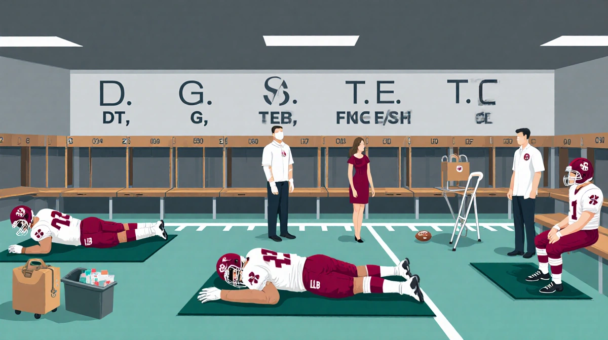 Football player lies on bench with crutches and bandage in locker room with medical staff and equipment for injury recovery