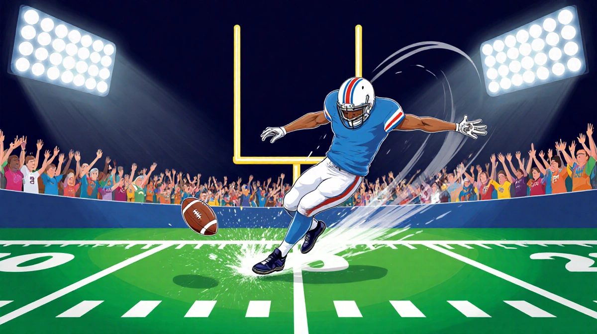 Football kickoff player leaps with arms toward long curved ball with glow and over cheering fans.