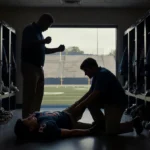 Coach stands over injured football player on locker room floor with concerned teammate kneeling beside him