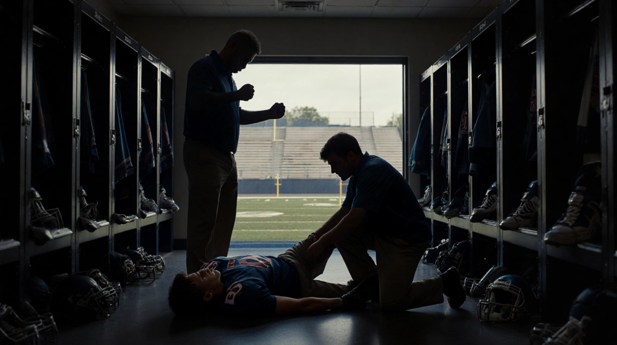 Coach stands over injured football player on locker room floor with concerned teammate kneeling beside him