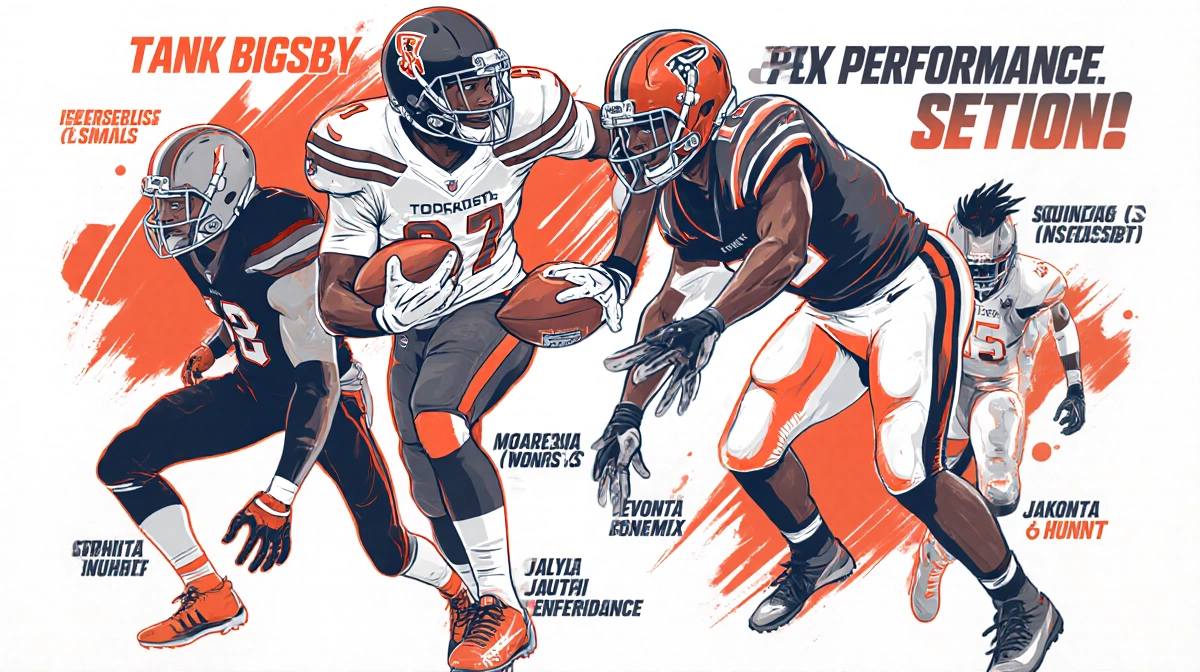 Tank Bigsby dashing for a football touchdown while Jalyx Hunt soars mid-air after intercepting a pass